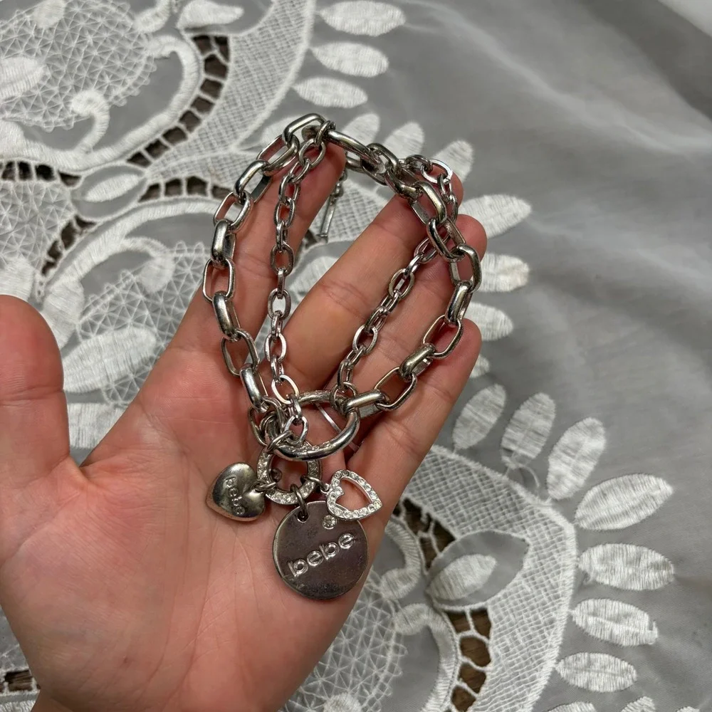 Y2K Mcbling Bebe Silver Tone Double Chain Charm Bracelet Heart Logo Rhinestone